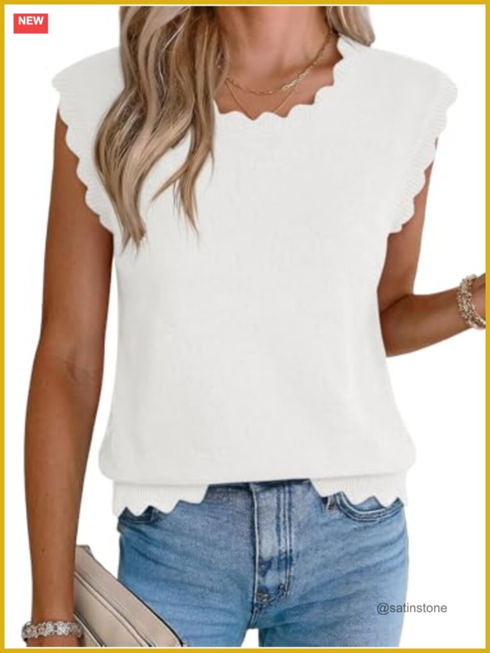 Scallop Trim Sleeveless Knit Tank Top Loose Fit